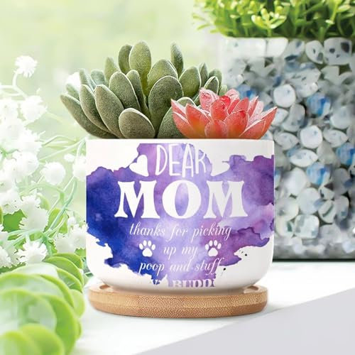 Yelolyio Dear Mom Thanks for Picking Up My Poop And Stuff Love Buddy Ceramic Planters Lettering Quotes Planters for Indoor Plants With Drainage Holes And Saucers Pot For Home Office Desk Garden