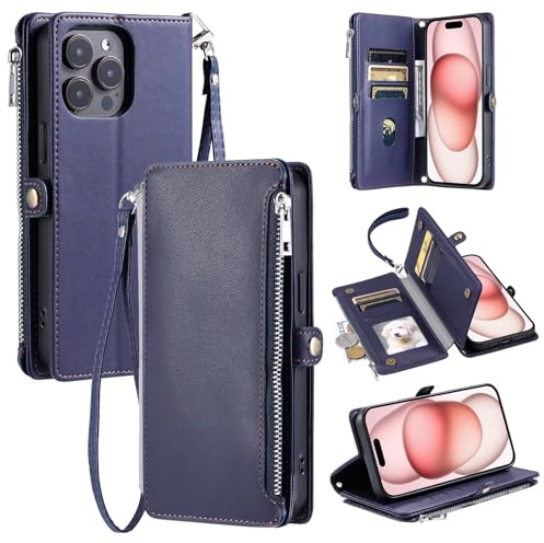 xinyunew Handyhülle Kompatibel mit OnePlus ACE Pro 5G/OnePlus 10T 5G Hülle Premium Lederhülle Reißverschluss Wallet PU Klappbar Flip Case Tasche Magnet Kartenfach Standfunktion Schutzhülle Blau
