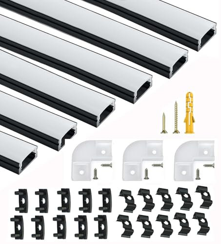 LED Profil Schwarz, 6X1M U Form Aluminium Profil Kanal für 12mm LED Streifen, Stripe Schiene Stripes Eckprofil Kanäle Leiste Diffusor Aluprofil mit Milchig Weißer Abdeckung und 90 Grad Eckverbindern