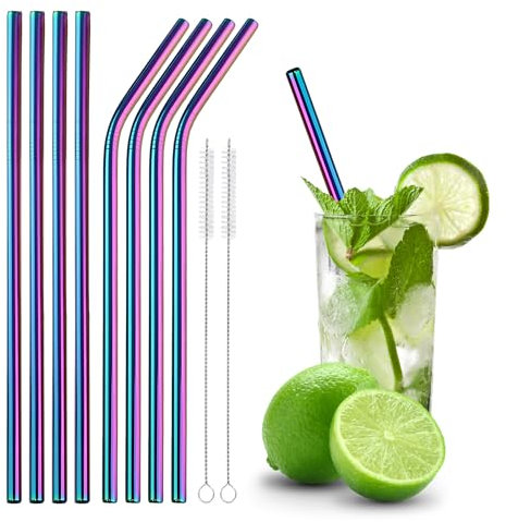 Lavishly Reusable Stainless Steel Metal Straws Set - 4 Straight & 4 Bent Straws + 2 Cleaning Brushes | Eco-Friendly, BPA-Free, Non Disposable Drinking Straws for Hot & Cold Beverages (Rainbow)