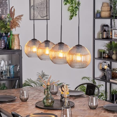 HOFSTEIN Hängeleuchte Koyoto, 4-flammige Hängelampe aus Metall/Riffelglas in Schwarz/Rauch/Bernstein/Klar, Pendelleuchte im Retro/Vintage-Design (Schirme Ø 15 cm), E27, Esszimmer, Küche, Wohnzimmer