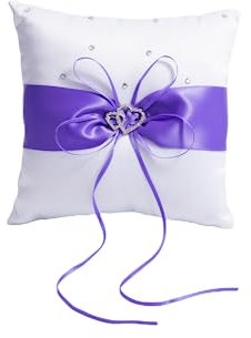 YuXinCat Ringkissen Hochzeit, Elegantes Design Mit Doppelten Herzen Und Strasssteinen, Ring Kissen für Hochzeit, Hochzeitsringkissen, aus Polyesterstoff mit Handwäsche, 20cm × 20cm (Purple)