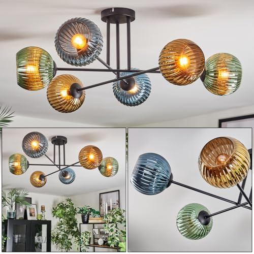 HOFSTEIN Deckenleuchte Koyoto, 6-flammige Deckenlampe aus Metall/Riffelglas in Schwarz/Blau/Grün/Gold, Leuchte im Retro/Vintage-Design (Schirme Ø 15 cm), E14, Esszimmer, Wohnzimmer, Schlafzimmer