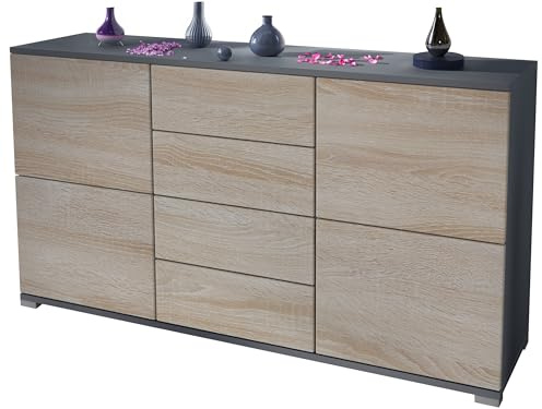 Vladon Sideboard Rova V1, Kommode mit 4 Türen und 4 Schubladen, Anthrazit matt/Eiche sägerau (138,5 x 75,5 x 35)