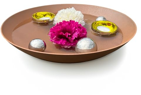 matches21 HOME & HOBBY Miniteich Komplettset mit Ø 35 cm Pflanzschale in Rost mit Schwimmkugeln & Teelichtschalen Gelb