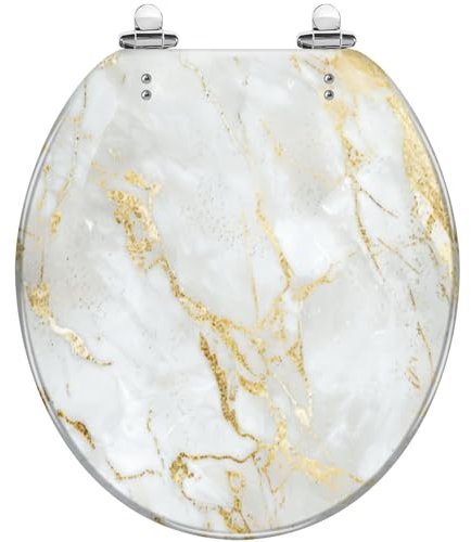 Round Toilet Seat White Gold Marble Luxury Wall Texture Shine Golden line Resin Toilet lid with Quietly Close Quick Release Hinges Decorative Seat with Cover Easy to Clean and Install