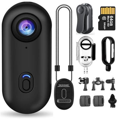 Rhayle 4K Thumb Action Camera 2.0, WIFI Sharing, 170° Wide Angle Lens, IP68 Waterproof, Magnetic Pendant, 360° Spring Clip, Portable Bike POV Camera, Small Body Camera, Record Life (64G)