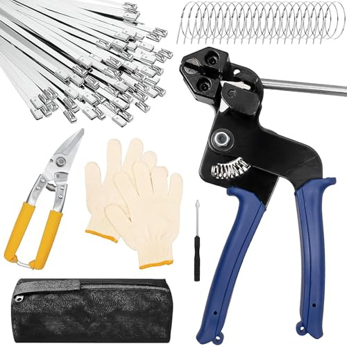 Heavy Steel Cable Tie Tool:Stainless Steel Zip Tie Gun, Metal Tie Wrap Gun Kit, Duty Outdoor Adjustable Fastening Cutting Tie Tool Sets c/w 100 Pieces Self-Locking Metal Steel Zip Ties