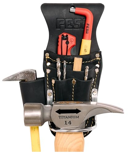 FESA Werkzeuggürtel-Hammerhalter – Leder-Multitool, Zange und Hammerholster mit Taschen für Bohrer oder Marker – robuste kleine Werkzeugtasche für Tischler – Clip an jedem Gürtel – handgefertigt