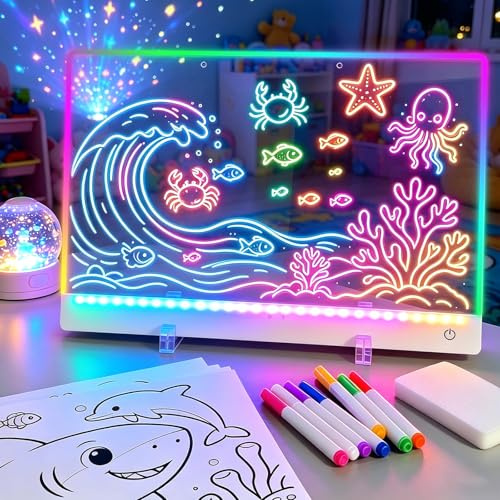 Ecocharm Home LED Drawing Board with Stand, Rechargeable Light Up Acrylic Board 35x25cm, Neon Glow Message Board with 7 Colors & 5 Modes, Touch Control Writing Tablet Gift for Kids Office Home