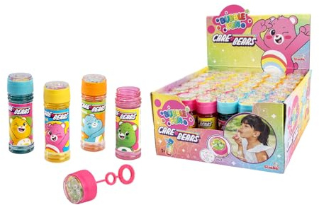 Simba Care Bears Seifenblasenflasche – Seifenblasen mit Geduldsspiel im Deckel, 60ml Lauge, transparente Flasche mit Care Bears Banderole, zufällige Auswahl aus 4 Designs, ab 3 Jahren