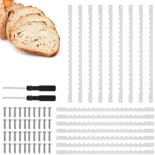 Fyeme 16 Pcs Bread Bow Cutter Blades Stainless Steel Serrated Bread Knife Blades with Screws and Screwdriver Bread Cutter Blades for Wooden Bread Cutter