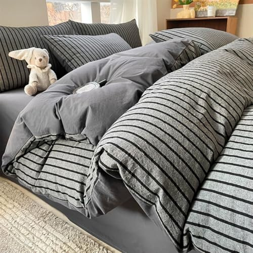 Nesture Bettwäsche 135x200 Baumwolle Dunkelgraue Streifen - Bettwäsche-Sets 100% Gewaschene Baumwoll mit Stone-Washed Leinen-Optik, Enthält 1 Bettbezug 135 x 200cm und 1 Kissenbezug 80x80