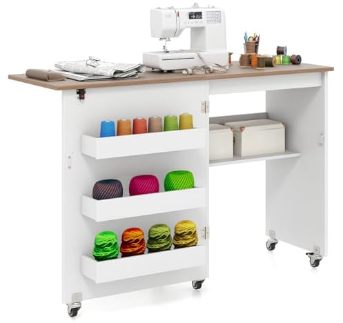 COSTWAY 2 in 1 Nähtisch klappbar, Nähmaschinenschrank aus Holz mit Regalen & Ablagefach, Nähschrank mit abschließbaren Rädern, Nähmaschinentisch Basteltisch für Wohnzimmer, Schlafzimmer (Weiß+Natur)