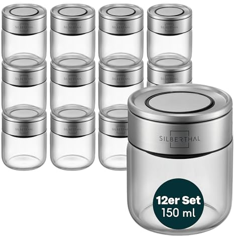 SILBERTHAL Gewürzglas 12er Set 150 ml Rund - mit Klickdeckel stapelbar | Vorratsglas mottensicher für luftdichte & auslaufsichere Aufbewahrung in der Küche