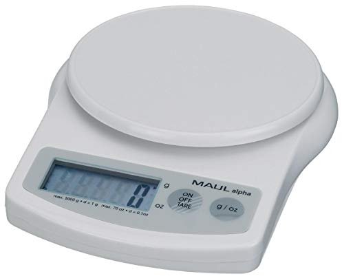 MAUL Briefwaage MAULalpha 18,8 x 14,1 x 3,7 cm | Stabile Waage bis 5kg | Große Wiegefläche Ø 12,4 cm | Automatische Nullstellung und Abschaltautomatik | Inklusive Batterien | Weiß