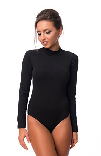 Evoni Damen Body langarm I blickdichter Bodysuit mit Halbkragen für Frauen I Langarmbody aus Baumwolle I Women Body Shaper I Jumpsuit L Schwarz