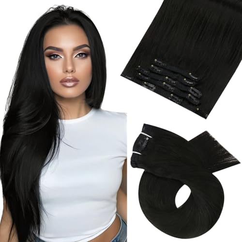 Moresoo Clip in Extensions Echthaar, Salon Qualität Weiches Glattes Haar 55 cm 7 Stück 120g Echthaar Extensions Clip in #1B Natürliches Schwarz, Leicht zu Tragen Solide und Langlebig 22 Inch
