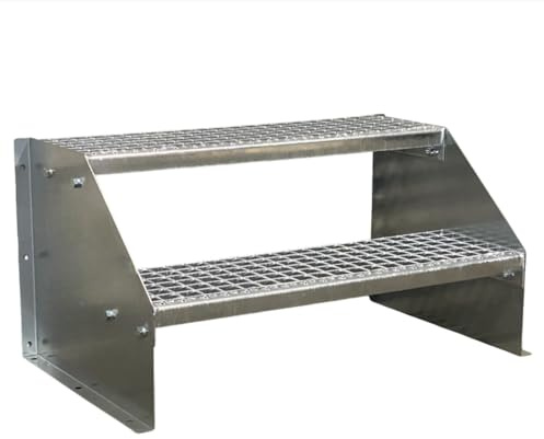 SRM Design 2 Stufen Standtreppe Stahltreppe Wangentreppe Gitterrosttreppe freistehend Breite 70cm Höhe 42cm Verzinkt/Robuste Außentreppe/Stabile Industrietreppe für den Außenbereich