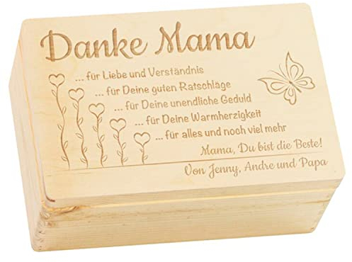 LAUBLUST Holzkiste mit Gravur - Personalisiert mit ANREDE | Spruch | WIDMUNG - Größe M - Danke Mama Motiv - Geschenkkiste für Mama, FSC®