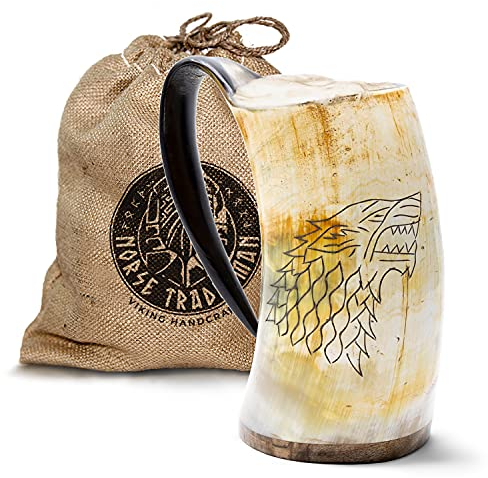 Norse Tradesman LG Viking Drinking Horn Mug - 100% Authentic Beer Horn Tankard with Game of Thrones Direwolf Engraving | The Fenrir, Low Polish, Approx. 500 ml