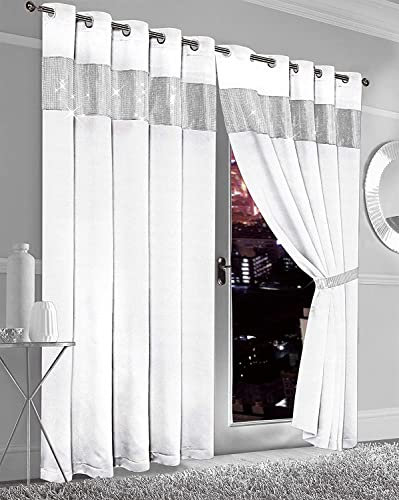 Olivia Rocco Diamante Blackout Eyelet Curtains With Tie Backs Black Out Thermal Ring Top Curtain Pair Window Dressing, 66 (Width) x 90 (Drop) White
