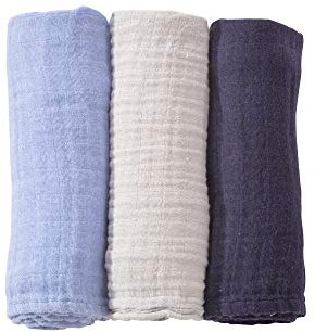 Set di 3 mussole per neonato - Quadri di mussola di cotone - 70 x 70 cm - Multiuso: coperta, peluche, bavaglino, protezione solare - Certificato OKEO-TEX - Regali per bambini e bambine - Azzurro