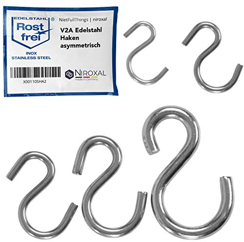 NietFullThings Gancio Asimmetrico A S In Acciaio Inox V2A, Gancio A S, Grande Diametro 8 Mm, Spessore 67 Mm, Lunghezza Gancio In Metallo Per Appendere, Gancio In Acciaio Inox Per Appendere