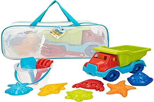 ColorBaby - Juguetes de Playa para niños, Bolsa Juguetes Playa, Cubo Arena, diámetro 18 cm, cedazo, Pala, rastrillo, regadera, camión, moldes Arena, 18mese (49273)