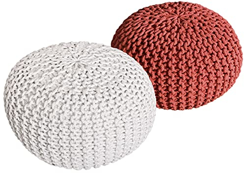 kreatives Wohnen Pouf Set 2 Stück Strickhocker Bodenkissen Grobstrick-Optik Ø 55 cm H 37 cm weiß & Terracotta Sitzhocker