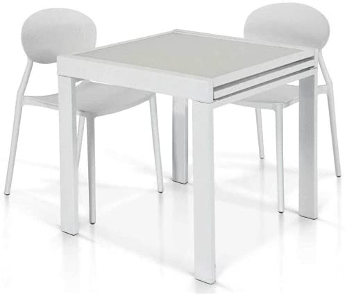 Mar.c.a. Design I - Mesa consola extensible moderna hasta 180 cm, tapa de cristal blanco mate, base de metal y estructura de color blanco óptico. Medidas: 90 x 90 x 75 cm.