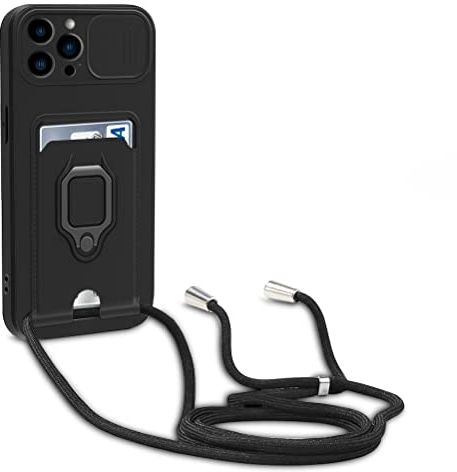 yanasuo Schiebe Kameraschutz Silikon Handykette Hülle kompatibel mit iPhone 13 Pro Max, Metall Ring Halter Handy Cover,Verstellbarer Halskette Handyhülle-Schwarz