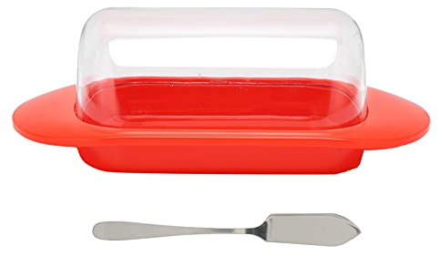 Beurrier transparent, plat à fromage portable avec couvercle plat de service rectangulaire en plastique avec couvercle et couteau à beurre pour la maison(rouge)