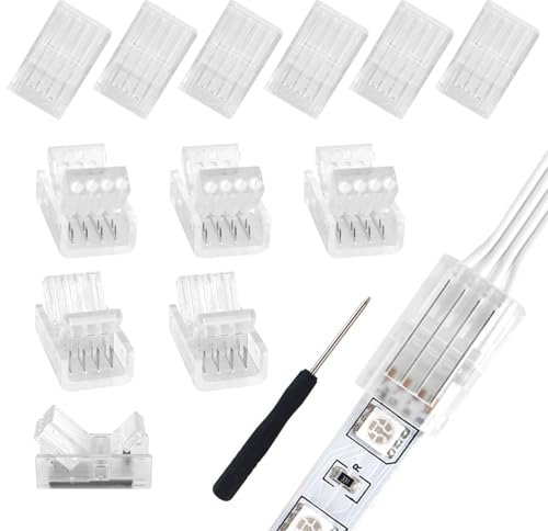 VIPMOON 12 Pcs 4 Pin LED Strip Light Connectors for 10mm Wide Waterproof or Non-Waterproof RGB 5050 LED Strip Light, Unwired Solderless Strip to Wire Quick Connectors, 0-36V 5A