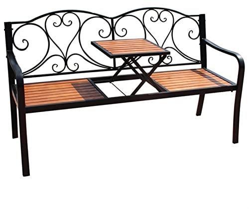 Lzxruier Outdoor Benches Double Bench with Liftable Small Coffee Table Sofa Chair Outdoor Garden Bench Garden Balcony Leisure Wrought Iron Plastic Wood Bench Outdoor Seating