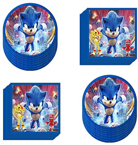 Lot de 40 fournitures de fête d'anniversaire hérisson bleu, 20 assiettes et 20 serviettes