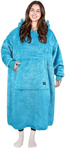 Extra Long Sherpa Hoodie Blanket Ghepard, Fluffy Oversized Cosy Blanket with Sleeves and Hood, Warm Large Hooded Blanket, Wearable Blanket as a Gift Idea for Women Men, Teal Blue