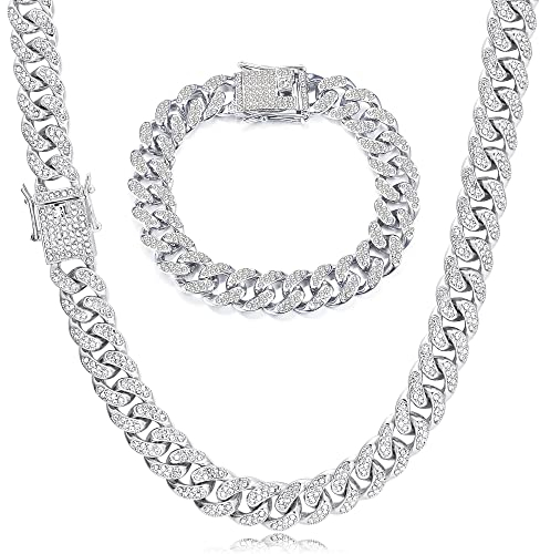 Roheafer Iced Out Kette Herren Cuban Link Chain 13MM Miami Kubanische Kette Halskette Armband 18 Karat Vergoldetes Bling Diamant Kette Armband Hip Hop Schmuck für Männer Frauen