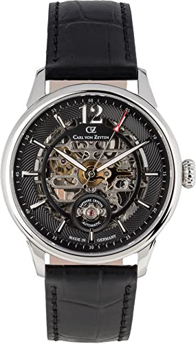 Carl von Zeyten Schramberg Automatik Herren Armbanduhr aus Edelstahl und Leder in der Farbe Silber-Schwarz 43mm, Wasserdichtigkeit: 5Bar, CVZ0080BKS