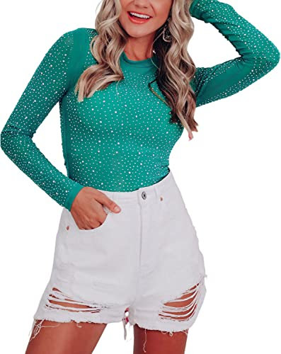 Hotmiss Nahtloser Langarm-Body für Damen, Strass, Nieten, Fischnetz-Top, Tanga-Shirt, Grün , S