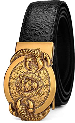YOPADO Herren Gürtel mit Krokoprägung Ledergürtel Ratsche Automatikschließe Geschnitztes König der Löwen Löwenkopf Tier Gürtelschnalle Verstellbarer (130cm/waist:45, Black)