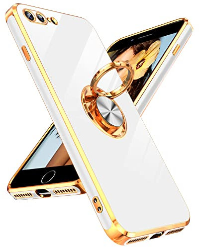 LeYi for iPhone 8 Plus/iPhone 7 Plus Heavy Duty Protection Case with Built-in Ring Holder, Shiny Plating Gold Edge Flexible Silicone Lightweight Luxury Phone Cover in White