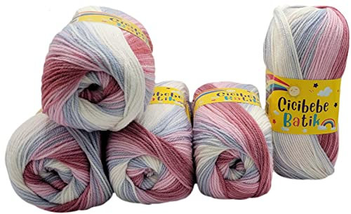 5 x 100 g Strickgarn Cicibebe Batik mehrfarbig mit Farbverlauf, 500 Gramm Strickwolle bunt, Farbverlaufsgarn (rosenholz rosa blau weiss 550-53)