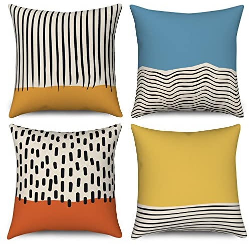 Funda de Cojín Boho 50x50 Juego de 4, Hnmdmyi Mid Century Abstracto Moderno Geométrico Cojín Decorativo Cubiertas Azul Amarillo Naranja Quemado Cojín Cubierta Para Sofá Cama Jardín Exterior Home Decor