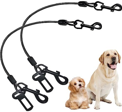 Fiyade 2 PACK Dog Car Seat Belt, Chew Proof Steel Rope Cable Dog Car Harnesses, Dog Chain Lead Cable Leash, Vehicle Harnesses with Double Clips and Latch Attachment, 27.5 inch/70 CM