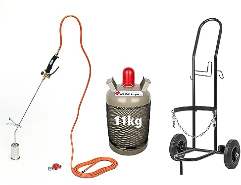 ROTHENBERGER Industrial Abflammgerät Anwärmbrenner Unkrautvernichter ECO-Ausführung inkl. 5m Gasschlauch und 4bar Druckregler mit Transportwagen | Sackkarre und Propangasflasche 11 kg (leer)