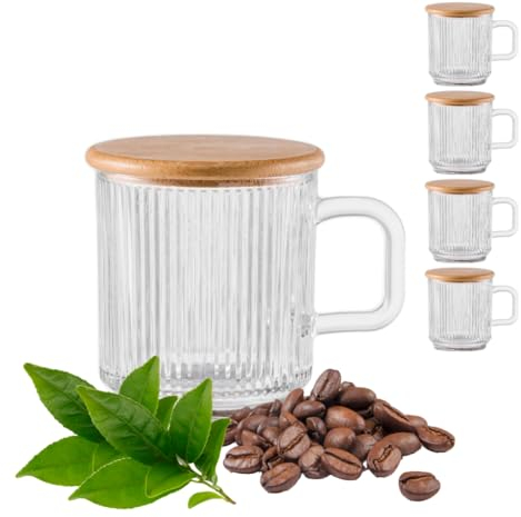 Pash Home Teeglas, Kaffeeglas [4er Set Gläser, 320ml] mit Henkel inkl. Deckel/Untersetzer aus Bambus, Bruchsicher und Spülmaschinenfest, Tasse für Kaffee, Latte Macchiato, Cappuccino, Tee, Glühwein