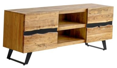 AltoBuy VOLSKA - Meuble TV 2 Portes 2 Niches en Acacia Massif et Métal Noir