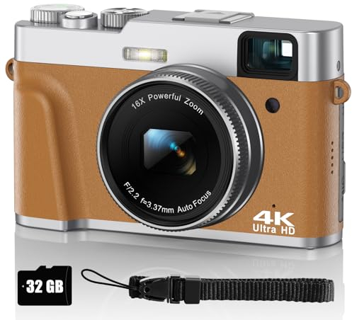Fotocamera Digitale 4K 48MP Autofocus con Mirino, Macchina Fotografica con Scheda da 32GB e 2 Batterie, Fotocamera Compatta con 16X Zoom per Fotografi Principianti/Viaggiatori/Adolescenti(Marrone)