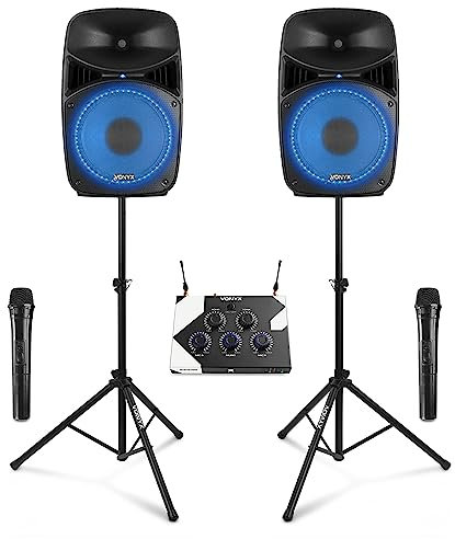 VONYX Home Karaoke System with Wireless Microphones, Bluetooth Karaoke Mixer, VPS122A 12-Inch Active PA Speaker Pair & Stands - Complete Karaoke Machine Set for Adults & Parties